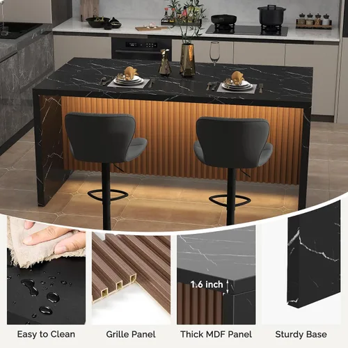 Vista 4 de Mesa de comedor rectangular grande y moderna de 67 pulgadas para 4-6 personas, mesa de isla de mármol de imitación con luces LED para cocina