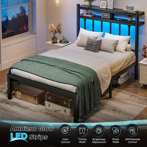 Vista 4 de Homkdom Base de cama de metal de tamaño individual con luces LED inteligentes y cabecera de almacenamiento de 2 niveles, base de colchón resistente