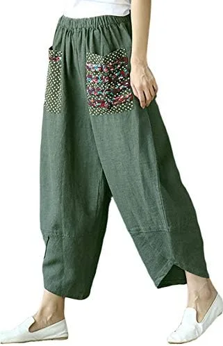 Vista 2 de Hwayslon Pantalones holgados de lino de pierna ancha para mujer, estilo casual, con retazos, cintura elástica, pantalones Harlan, talla M, XXL