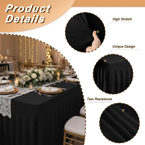 Vista 3 de Fixwal Paquete de 2 manteles de elastano negro para mesa rectangular de 4 pies, falda de mesa para fiesta, espectáculo, boda y cumpleaños