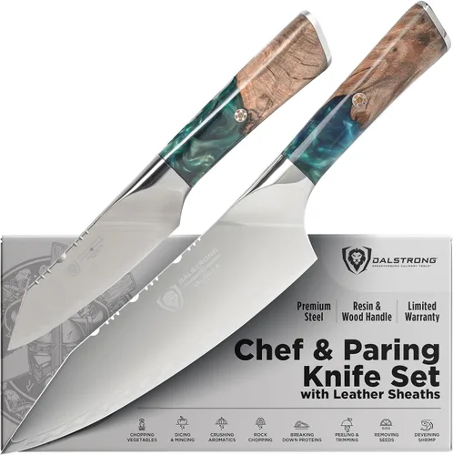 Vista 10 de Dalstrong Juego de 2 piezas, cuchillo de chef y pelar de 8 pulgadas, acero 9CR18MOV recubierto de titanio negro, 58+ HRC - Para cocinar y preparar