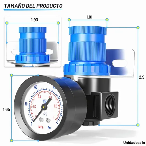 Vista 2 de TAILONZ PNEUMATIC Kit de Regulador de Presión Mini AR2000 de 5 en 1 de 1/4 Pulgada NPT para Sistemas de Aire Comprimido, Ajuste de 0 a 145 Psi Azul