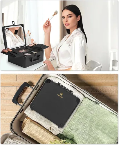 Vista 8 de Relavel - Bolsa de maquillaje con espejo LED, estuche de maquillaje para viajes en tren con espejo iluminado recargable y divisores ajustables Negro