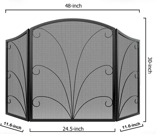 Vista 3 de Kingson - Pantalla para chimenea de 3 paneles con arco decorativo, hecha a mano, de hierro forjado con espiral, cubierta protectora contra chispas