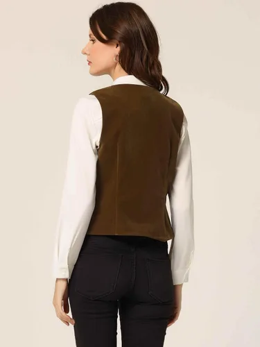 Vista 4 de Allegra K Chaleco de terciopelo steampunk para mujer, sin mangas, con botones, cuello en V, chalecos de traje