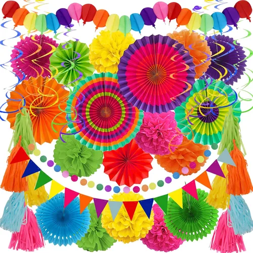 Vista 17 de ZERODECO Decoraciones de fiesta, 41 unidades, abanicos de Papar negros y dorados, guirnaldas, guirnaldas de papel de seda para graduación
