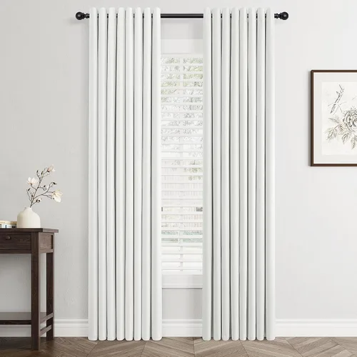 Vista 90 de Beige White Linen Blackout Curtains 90 Length 2 Panels Set for Living Room Bedroom, 100% Black Out Thermal Insulated Linen Drapes, Room Darkening