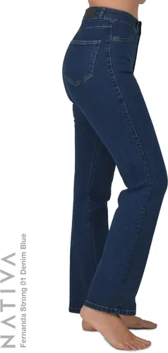 Vista 4 de Nativa Pantalones de mezclilla de tiro alto para mujer, tela de mezclilla de piel de durazno, pierna recta, ajuste elástico Fernanda, fuerte, ultra