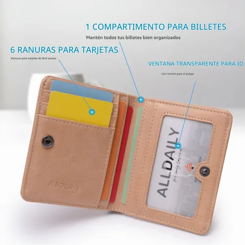 Vista 3 de Alldaily Billetera pequeña RFID para mujer, compacta y delgada, plegable, con bolsillo de viaje, mini cartera para damas, Beige