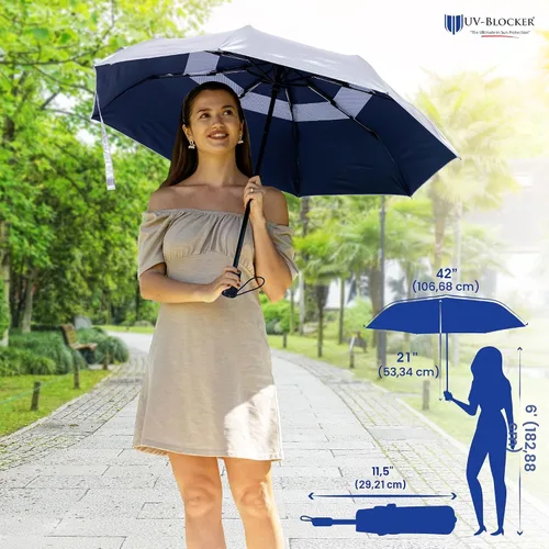 Vista 5 de UV-Blocker Sombrilla compacta con protección UV, apertura y cierre automático, toldo con doble ventilación, resistente al viento para caminar, UPF