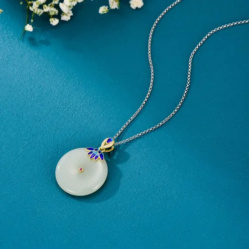 Vista 6 de JKR Round Jade Necklace Enamel ButterflyFlowerLeaf Sterling Silver Circle Jade Pendant Jewelry Mothers Day Birthday Jewelry Gifts for Women Mom Her