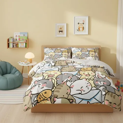 Vista 25 de QOOMO Edredón floral de gato tamaño Twin, juego de ropa de cama de gato rosa para niños, adolescentes y niñas, juego de ropa de cama de 3 piezas