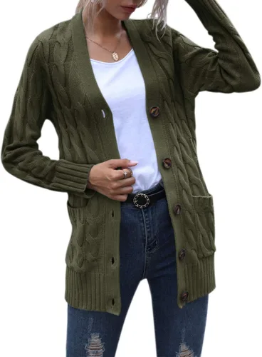 Vista 3 de MEROKEETY - Suéter de punto trenzado y manga larga para mujer, estilo cárdigan abierto al frente, con botones, para otoño, ropa de exterior holgada