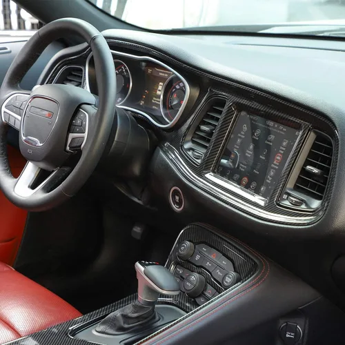 Vista 6 de JeCar Marco de tablero panel de mando compartimento central, accesorio decorativo interior compatible con Dodge Challenger 2015-2023, textura