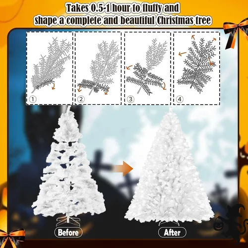 Vista 6 de Árbol de Navidad artificial preiluminado de 6 pies, color blanco 300 luces LED blancas, 726 puntas de PVC, soporte de metal, fácil montaje