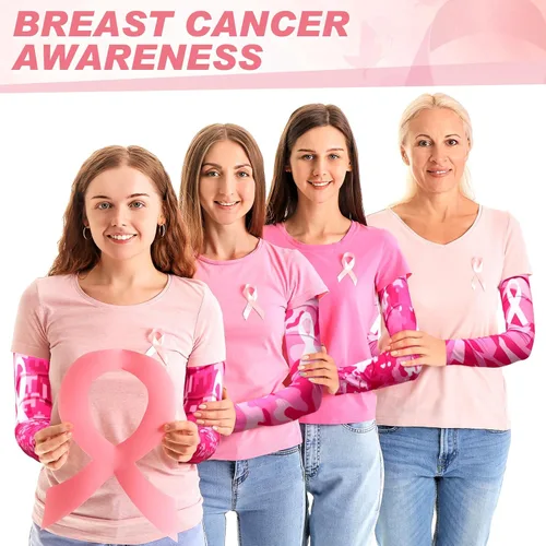 Vista 7 de Xtinmee 24 pares de mangas de concientización sobre el cáncer de mama, cinta rosa, compresión deportiva de compresión, mangas de brazo