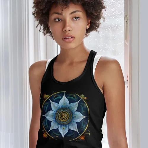 Vista 3 de Mandala Motif Racerback Tank - Artwork Tank - Blue Flower Workout Tank