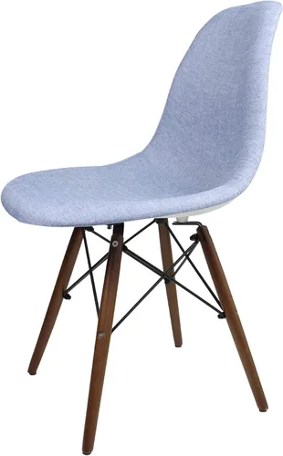 Vista 5 de Mid-Century - Silla de comedor lateral tapizada de tela tejida moderna con patas Eiffel de madera de nogal oscuro, juego de 2 (azul dinim)