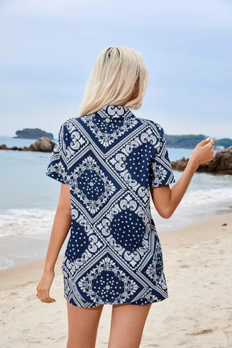 Vista 3 de Zeagoo Conjunto de lino de 2 piezas para mujer, conjunto de verano con botones y estilo casual para la playa