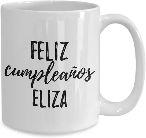 Vista 2 de Feliz Cumpleanos Eliza Mug Spanish Happy Birthday Personalized Name Gift Coffee Tea Cup Large 15 Oz