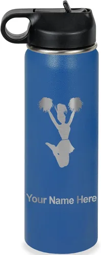 Vista 30 de LaserGram Botella de agua con tapa abatible de doble pared de 12 onzas con pajita, animadora, grabado personalizado incluido (negro)