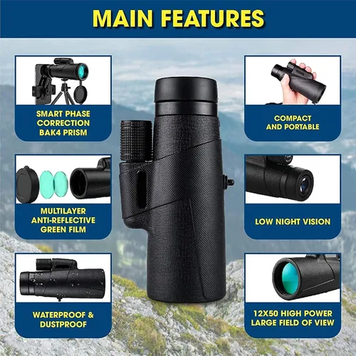 Vista 3 de Nuevo monóculo impermeable, telescopio monocular de alta definición de 12 x 50 con trípode y adaptador de teléfono inteligente, prisma BAK4