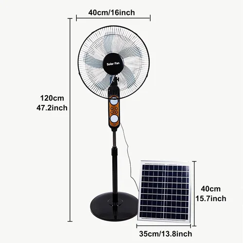 Vista 9 de Ventilador solar recargable de 16 pulgadas, ventilador oscilante ajustable de pie, motor de corriente continua, ventilador de piso silencioso