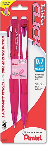 Vista 3 de Lápiz automático Pentel Twist Erase Click con 2 borradores de repuesto y minas, 0.01 pulgadas, barriles surtidos, Rosado Paquete de 2