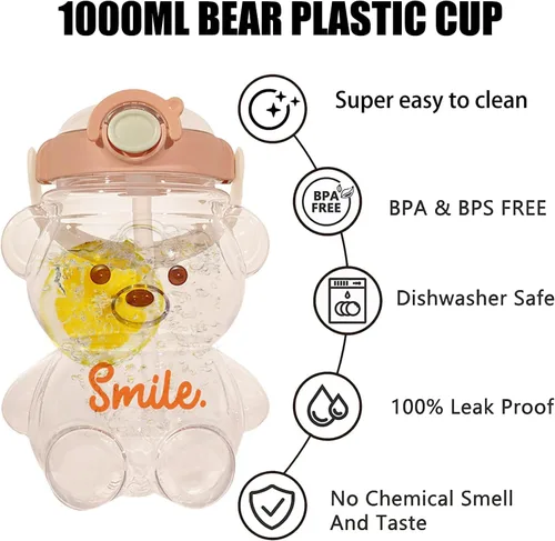 Vista 3 de Botella de agua Kawaii Bear a prueba de fugas con correa de hombro ajustable y extraíble para niños y niñas (café)