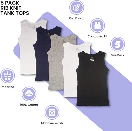 Vista 2 de Studio 3 Paquete económico de camisetas sin mangas de punto acanalado para niños pequeños y grandes, camisetas de cuello redondo para uso diario