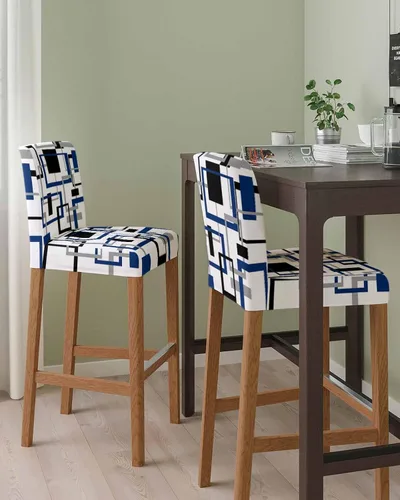 Vista 2 de Juego de 2 fundas elásticas para taburetes de bar, color azul marino, gris, negro, para sillas de comedor, modernas, geométricas, artísticas
