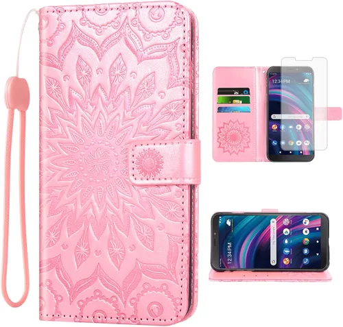 Vista 11 de Asuwish Funda para teléfono BLU View 3 B140DL con protector de pantalla de vidrio templado y piel de girasol, delgada, soporte para tarjetas Azul
