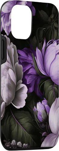 Vista 3 de Funda con estampado floral de flores de peonía púrpura y gris lavanda para iPhone 15