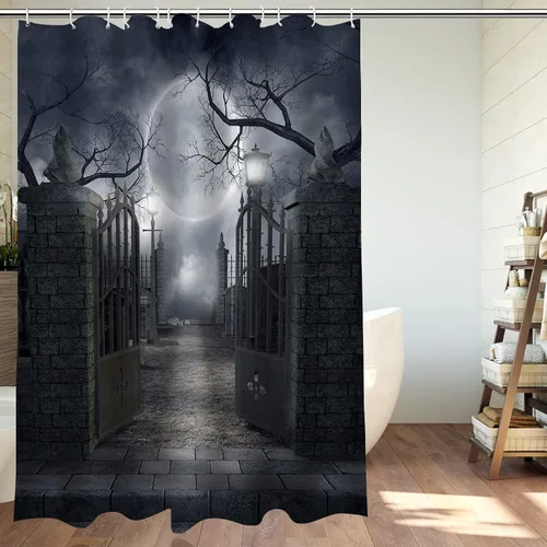 Vista 3 de Cortina de ducha de Halloween para baño, noche aterradora, patio, puerta, luna espeluznante, árbol muerto, lámpara de calle, poliester, impermeable