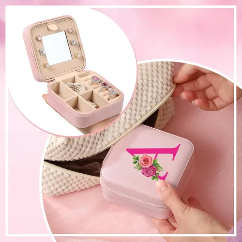 Vista 5 de Parima Joyero de viaje rosa con flores Organizador de aretes, collares, anillos con espejo Regalos para mujeres y niñas Joyero personalizado