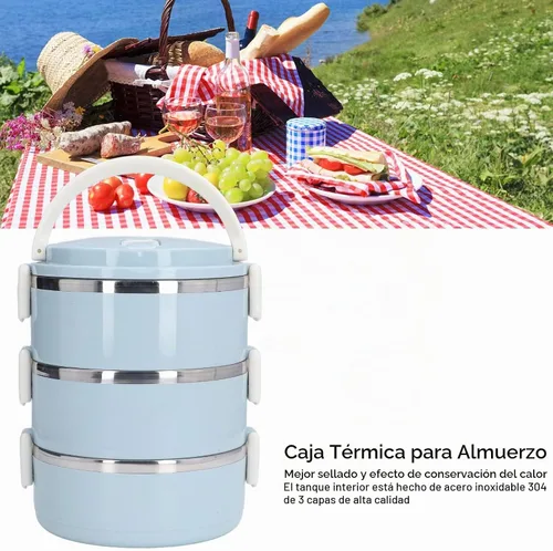 Vista 5 de Lonchera térmica de acero inoxidable de 3 niveles para adultos, oficina, campamento, apilable, de acero inoxidable, con compartimento térmico