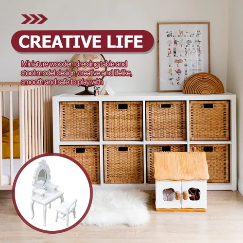Vista 6 de LUOZZY 2 piezas de accesorios de muebles en miniatura escala 1:12 Mini tocador y taburete modelo conjunto de decoración de casa de muñecas - blanco