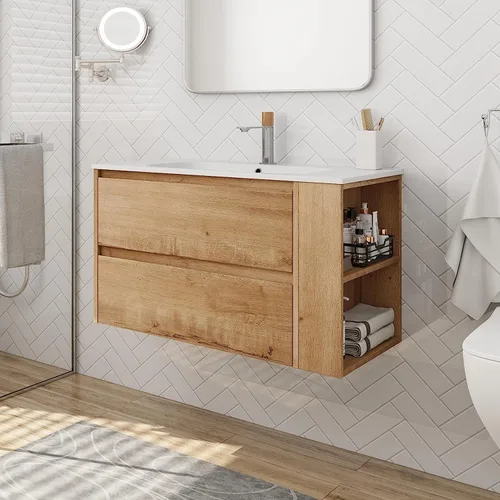 Vista 12 de Tocador de baño de 24 pulgadas con lavabo, juego de tocador flotante Mordern con mango de metal dorado y parte superior de fregadero de cerámica