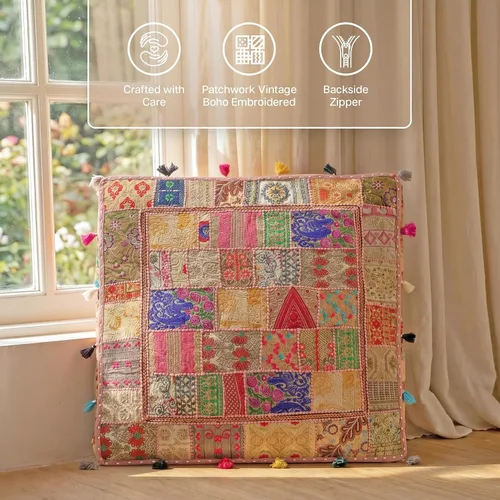 Vista 2 de THE ART BOX Almohadas y fundas de cojín bordadas vintage de retazos de algodón, puf para perro, puf de meditación, ropa de cama para mascotas, cama