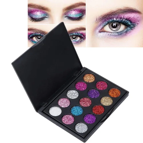 Vista 8 de Paleta de sombras de ojos, paleta de sombras de ojos con purpurina de 15 colores para cosplay, maquillaje de ojos, sombra de ojos brillante, polvo
