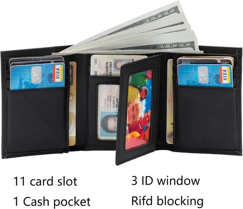 Vista 2 de Billetera de cuero para hombre, con bloqueo RFID, de piel auténtica, triple pliegue, Negro -, Cartera Rfid