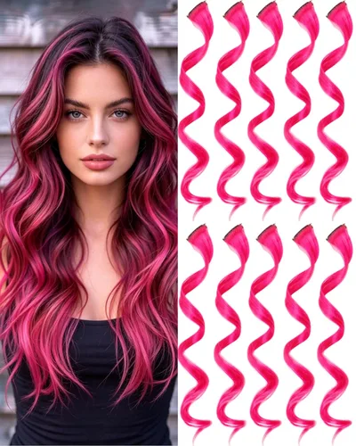 Vista 21 de 10 extensiones de cabello sintético rizado y ondulado negro con clip, reflejos de fiesta de neón arcoíris, accesorios de cabello coloridos