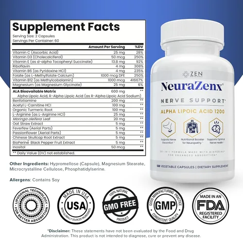 Vista 2 de Zen Nutrients NeuraZenX Suplemento de Apoyo Nervioso y Apoyo para Neuropatía Periférica con 1200mg de Ácido Alfa Lipoico (ALA), Benfotiamina