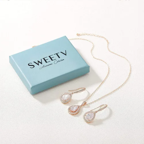 Vista 7 de SWEETV Juegos de joyas de boda de lágrima de cristal para novias y damas de honor, diamantes de imitación, circonita cúbica, collar y aretes