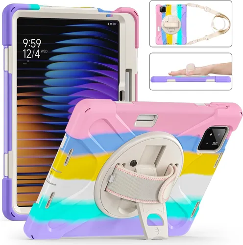 Vista 17 de Funda para Xiaomi Mi Pad 6/Mi Pad 6 Pro, funda resistente a prueba de golpes de 11 pulgadas, soporte giratorio 360, correa de mano, correa de rosado