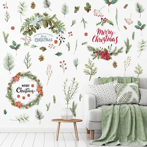 Vista 8 de Spiareal 1 juego de calcomanías de pared para árbol de Navidad, conos de pino acebo extraíbles