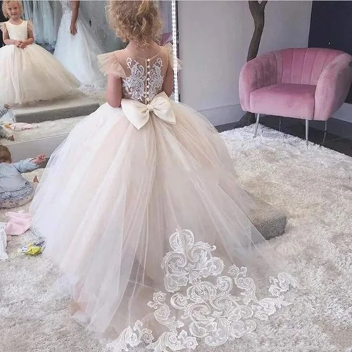 Vista 4 de Vestidos de encaje de tul para niña de flores para fiesta de boda, vestido de baile de graduación para niños GZY230