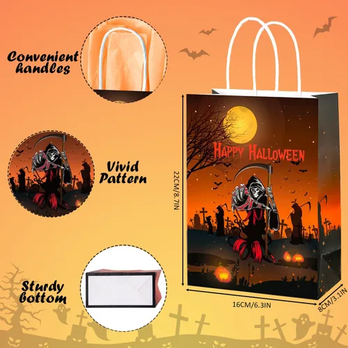 Vista 2 de BLEWINDZ 24 bolsas de regalo de papel de Halloween con pañuelos, bolsas de golosinas de Halloween con asa para truco o trato y recuerdos de fiesta