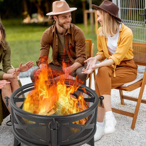 Vista 7 de Breezz Fogata de leña de 26 pulgadas con parrilla de cocina y pantalla de chispas, hoguera redonda de metal para exteriores, patio, fiesta