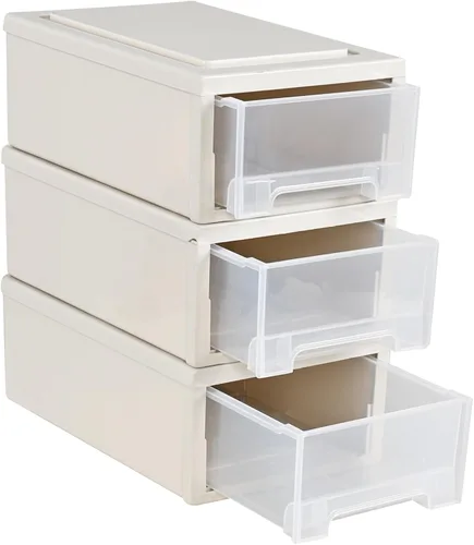 Vista 8 de Gloreen Cajones de almacenamiento apilables de plástico de 12 L, 3 paquetes de caja de cajón compacta de escritorio Beige